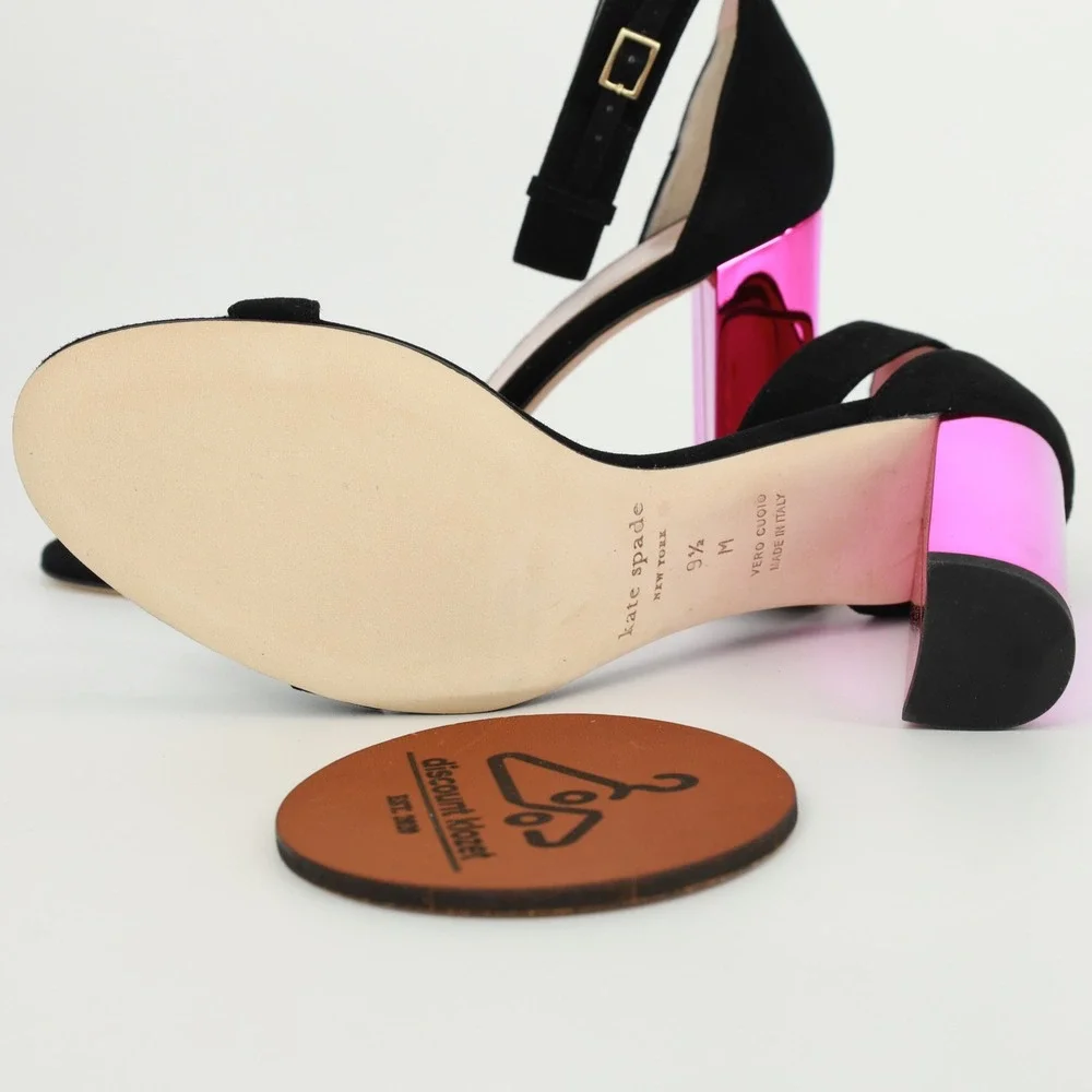 Kate Spade Ilona‎ Too Black Kid Suede Fuchsia Mirror Block Heel Sandals 9.5M